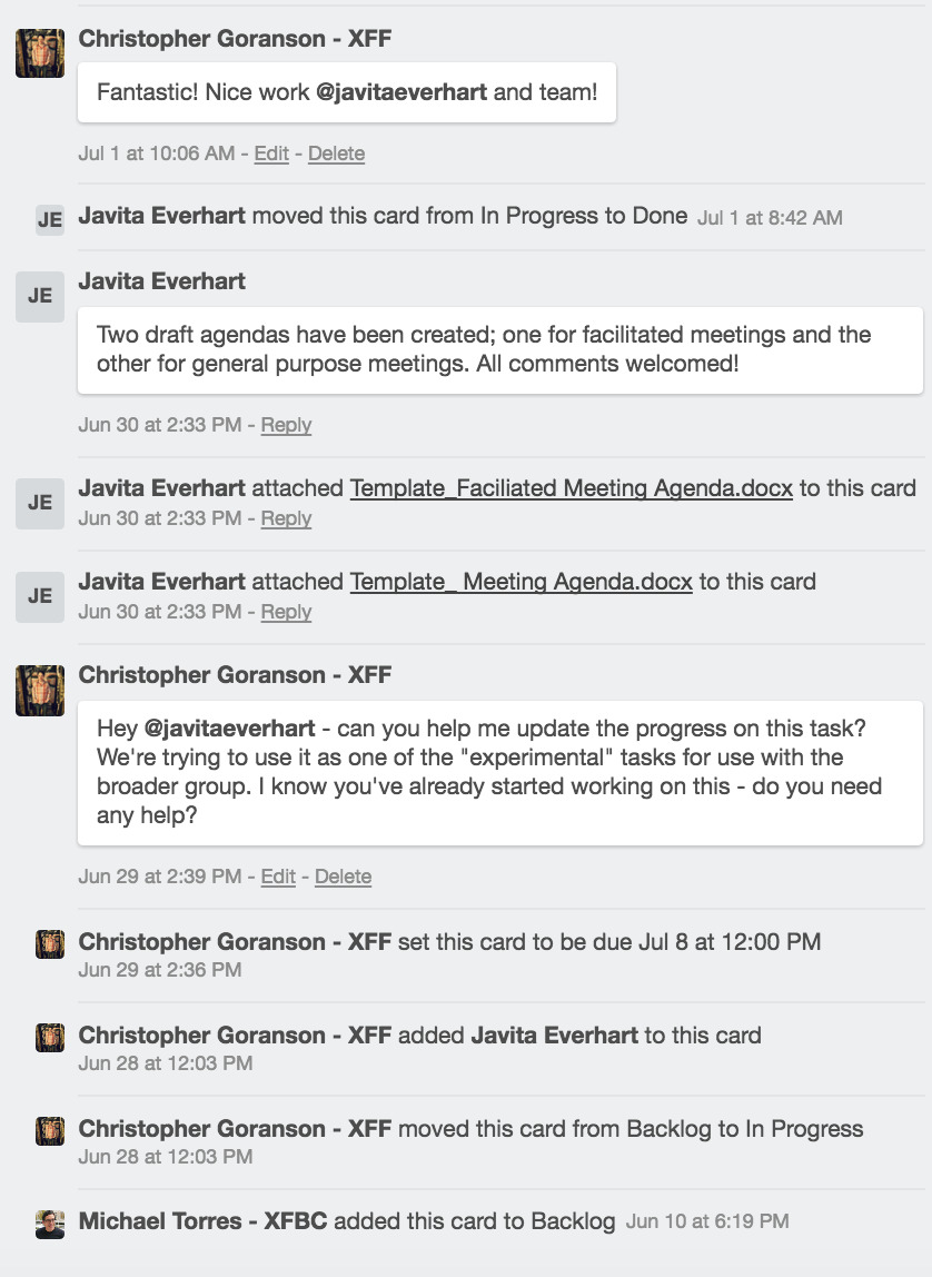 Comments on the team's Trello board.