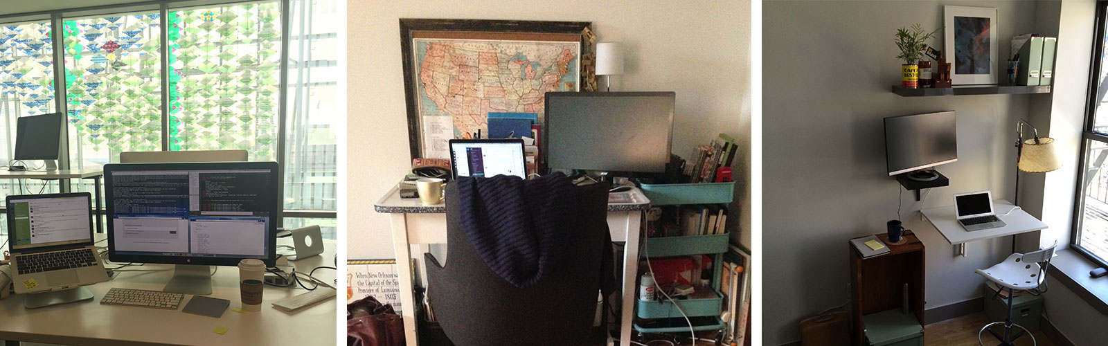 Three pictures of desks including one in an office and two at home. 