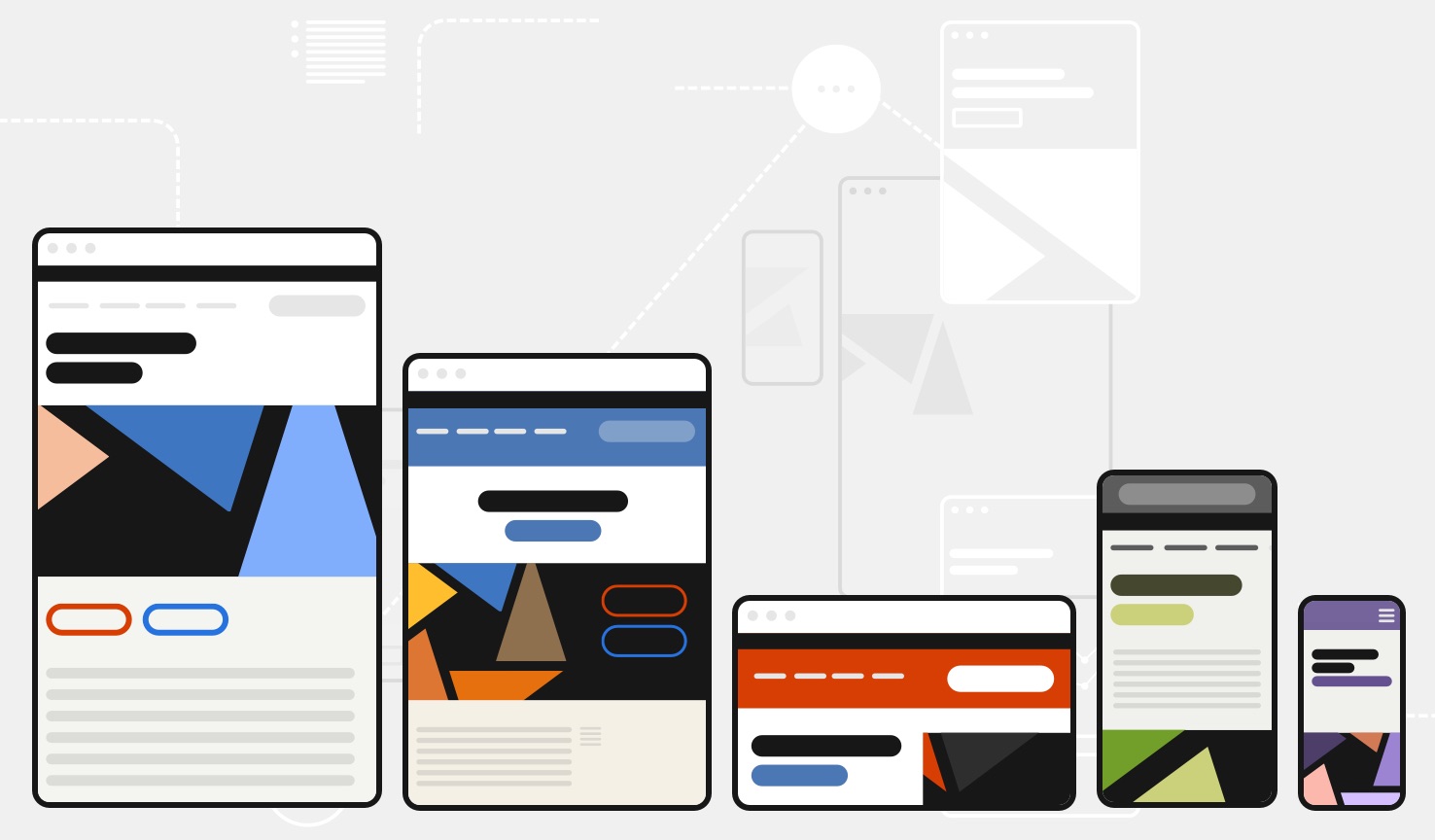 An illustration shows five images of websites at different
  screen sizes, ranging from small to large — each with a different look and feel.