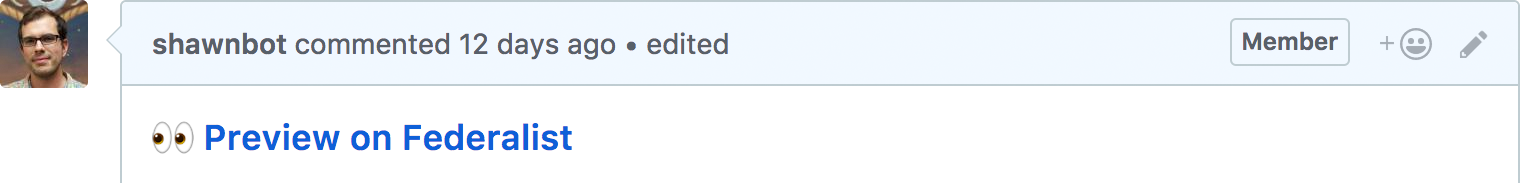 A pull request with a link to a Federalist preview branch in the comment.