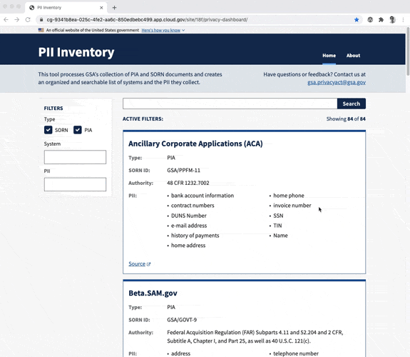 Gif of the PII inventory dashboard of a user looking for the term social security number